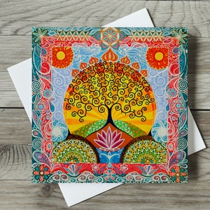Baum des Lebens Karte mit Lotusblume, spirituelle Yoga Blanko Kunst Grüße, Geburtstag oder Dankeskarte, positive Karte für psychische Gesundheit