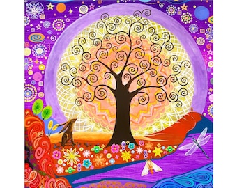 Glastonbury Tor Art Print: Tree of Life, Whimsical Hare, Art Nouveau