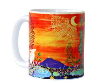 Colourful Glastonbury Tor Mug, Moon Gazing Hare, Tree of Life, Art Nouveau Coffee Cup