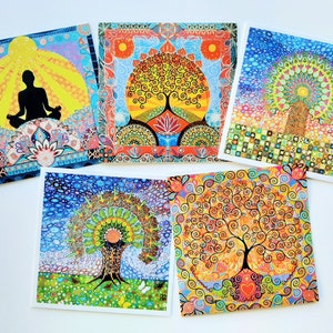 Kaartencollectie mandala en levensboom, art-nouveaustijl bundel van 5 kaarten, kleurrijke mindful verjaardagskaarten, spirituele kaarten voor elke gelegenheid