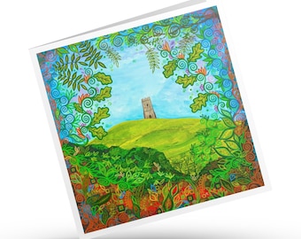 Glastonbury Tor Card, Spiritual Oak Leaves, Art Nouveau Stationery, Pagan Landscape Print Gift