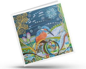 Kingfisher Card, Art Nouveau, Sacred Geometry Bird Art, Handmade, 150mm