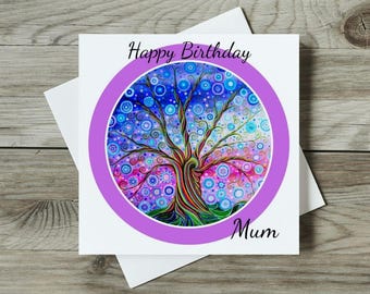 Birthday Card for Mum, Tree of Life, Art Nouveau, Colourful Original Night Sky