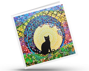 Black Cat Card Art Nouveau, Gothic Any Occasion, Handmade 150mm