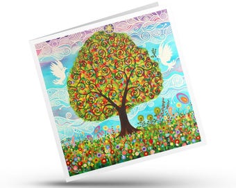 Tree of Life Card, Peace Doves Floral Stationery, Spiritual Notelet, Original Art Print Gift