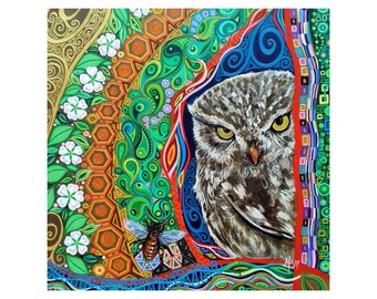 Art Nouveau Little Owl Art Print, Bird of Prey, Nature Inspired