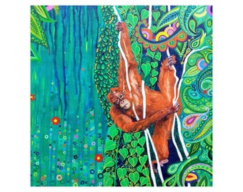 Orangutan Art Print, Art Nouveau Primate, Jungle Wall Decor