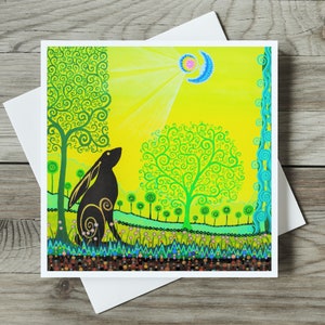 Carte de lièvre, lièvre regardant la lune et arbre de vie, anniversaire païen Art nouveau, fête des mères, Pâques, carte d'art de remerciement pour maman, papa, meilleur ami