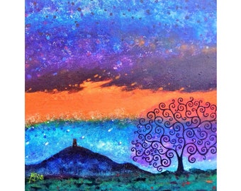 Glastonbury Tor Art Print, Spiritual Tree of Life, Art Nouveau
