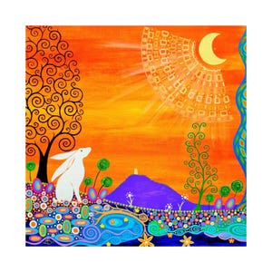 May include: A vibrant painting featuring a white rabbit sitting in a field of colorful circular patterns and swirling trees under a bright orange sky with a yellow crescent moon and a purple mountain in the distance with a small structure on top.