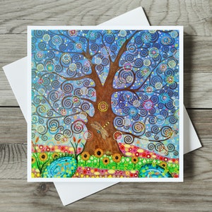 Tree of Life Card, Tree and Dragonfly Blank Nature Art Nouveau Greetings, Birthday, Thank You Art Card