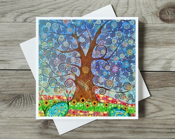 Tree of Life Card, Tree and Dragonfly Blank Nature Art Nouveau Greetings, Birthday, Thank You Art Card