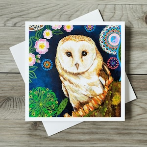 Carte de chouette effraie des clochers, anniversaire, remerciement ou carte de fête des pères, pour maman, papa ou meilleur ami, carte d'art fait main mandala Art nouveau Nature oiseau
