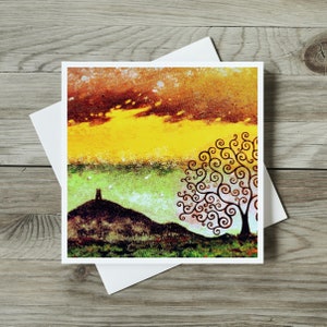 Glastonbury Tor Card & Tree of Life, biglietto d'auguri di compleanno o di ringraziamento con arte spirituale astratta fatta a mano, biglietto d'arte originale Glastonbury Lovers