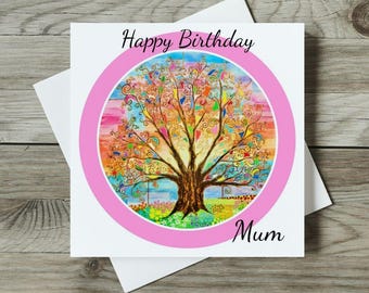 Tree of Life Birthday Card for Mum, Spiritual Art Nouveau, Handmade Original 150mm