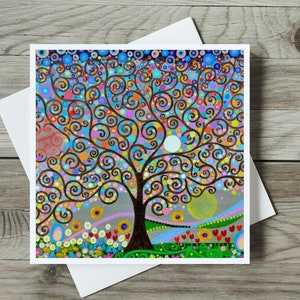 Carte d'arbre de vie, motif floral et tacheté des bois coloré, anniversaire de style Art nouveau et Klimt ou carte d'art spirituel fait main de remerciement