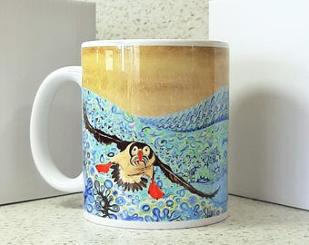 Puffin Mug, Stormy Sea Wildlife Art, Original Painting Ceramic Drinkware