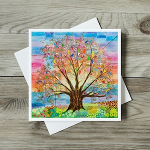 生命の樹カード、カラフルなオリジナルのアールヌーボーの花柄デザイン、クリムト風の誕生日カード、またはお母さん、奥さん、親友への感謝カード