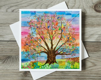 Carte arbre de vie, design floral Art nouveau original coloré, anniversaire inspiré de Klimt ou carte de remerciement pour maman, femme ou meilleur ami