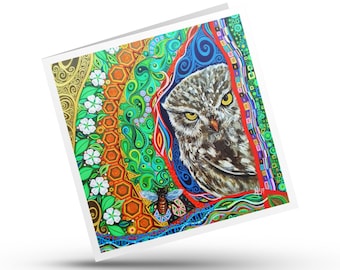 Little Owl Card, Whimsical Art Nouveau Bird Stationery, Abstract Woodland Original Art Print Gift
