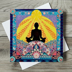 Carte Bouddha méditant, carte Namaste, anniversaire de copain de yoga ou carte de remerciement pour maman ou meilleur ami, carte de mandala de santé mentale positive