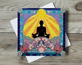 Tarjeta de Buda meditando, tarjeta Namaste, tarjeta de cumpleaños o de agradecimiento para un compañero de yoga, para mamá o mejor amigo, tarjeta de mandala de salud mental positiva