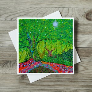 Levensboomkaart, hert en magische boom, natuurkunst, groene art nouveaustijl, verjaardags- of bedankkaart, blanco wenskaart voor hem of haar