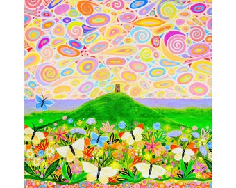 Glastonbury Tor Art Nouveau Print: Butterfly Meadow Wall Art