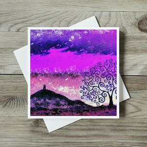 Glastonbury Tor Karte & Baum des Lebens, Original handgemachte Glastonbury Lovers Kunstkarte, lila Geburtstag oder Danke, Mama, Papa, beste Freundin