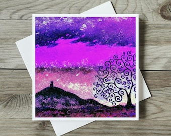 Glastonbury Tor Card, Tree of Life, Spiritual Pagan Art, Any Occasion 150mm