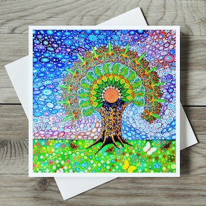 Biglietto d'auguri con albero della vita, albero spirituale astratto e farfalla, prato di fiori selvatici, compleanno, ringraziamento, qualsiasi occasione per mamma, migliore amica, lei