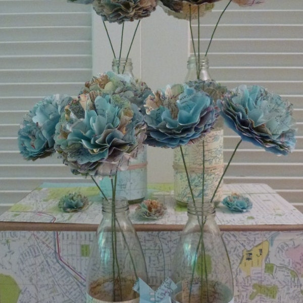 Map Paper Flower WITH STEM ~ 100 flowers ~ Custom Listing for Amanda Maier