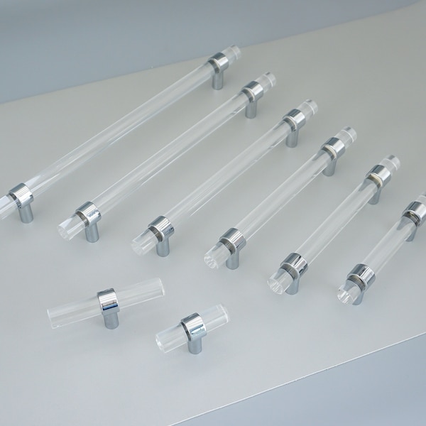 Custom Acrylic Drawer Pulls Silver Chrome T Bar Knobs Handle Clear Lucite Dresser Pulls for Kitchen and Bathroom Cabinets 2.5"3"5"10" LBFEEL