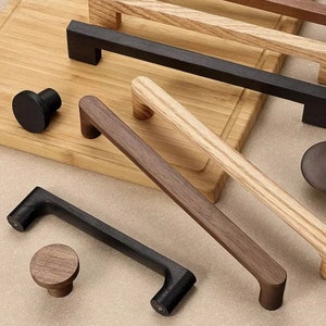 Natural Oak Walnut Wood Pulls Handles Simple Kitchen Hardware Dresser Handle Minimalism Pulls Wooden Drawer Pull Round Knob LBFEEL 5"7.56"