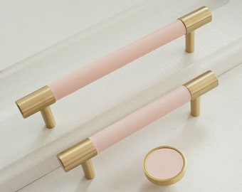 3.78 "5" 8.8" Pink Dresser Knobs Moderne Schubladenknäufe Zieht Messing Leder Küchenschrank Türgriff Knauf Schrank Griffe Hardware 96 128 224mm