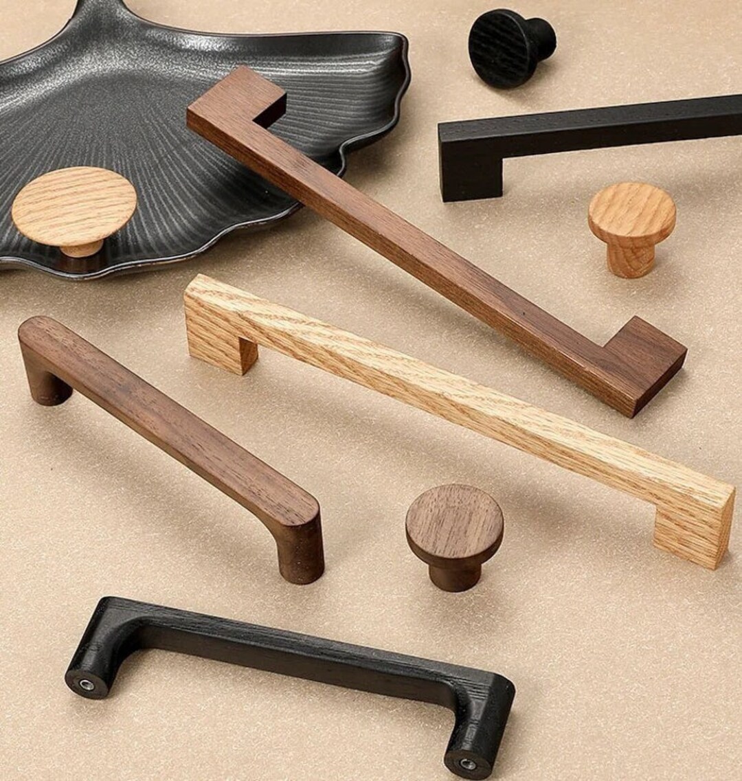 Wooden Drawer Pull Natural Oak Walnut Wood Pulls Handles Simple Kitchen Hardware Round Knob