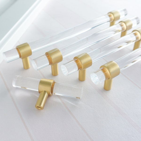 Custom Acrylic Drawer Pulls Brass T Bar Knobs Lucite Kitchen Cabinet Door Handles Clear Brass Dresser Pulls Gold Bathroom Handles LBFEEL