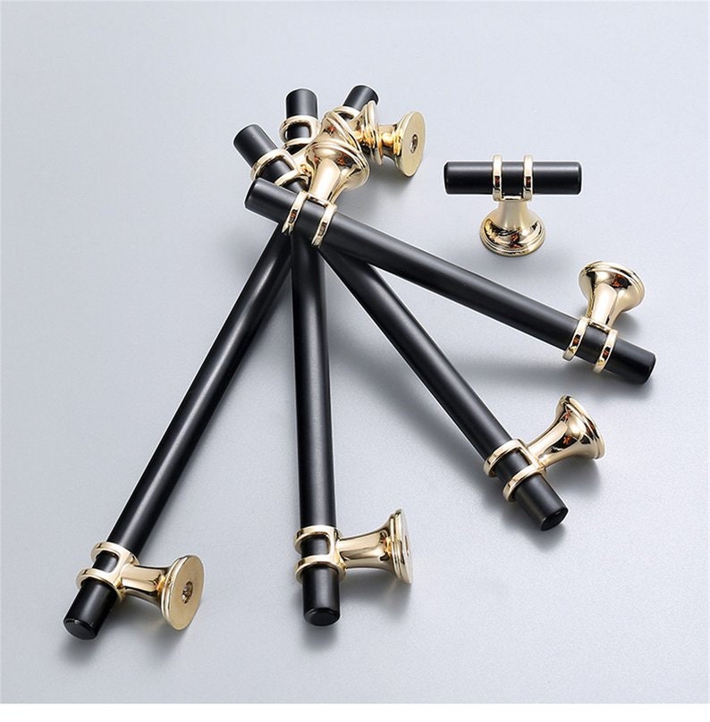 3.75/'/' 5/'/' 6.3/'/' 7.55/'/' Black Cabinet Door Handles T Knob Polished Gold Dresser Pull Drawer Knobs Pulls Modern Kitchen Cabinet Hardware Pull