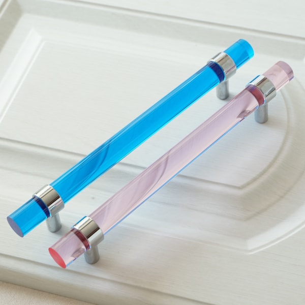 Adjustable Silver Chrome Acrylic Dresser Pulls Modern Cabinet Door Pulls T Bar Drawer Pull Handles Blue Pink  Kitchen Handle 3"4" 5" LBFEEL