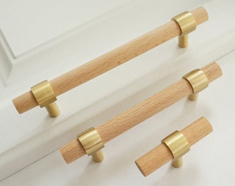 Adjustable Wood Drawer Pull Beech Brass Kitchen Cabinet Pulls T Bar Knob Dresser Knob Wooden Cabinet Hardware LBFEEL 2.5"3"3.78''4"4.5"5''