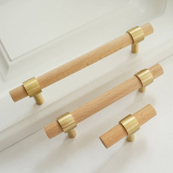 Adjustable Wood Drawer Pull Beech Brass Kitchen Cabinet Pulls T Bar Knob Dresser Knob Wooden Cabinet Hardware LBFEEL 2.5"3"3.78''4"4.5"5''