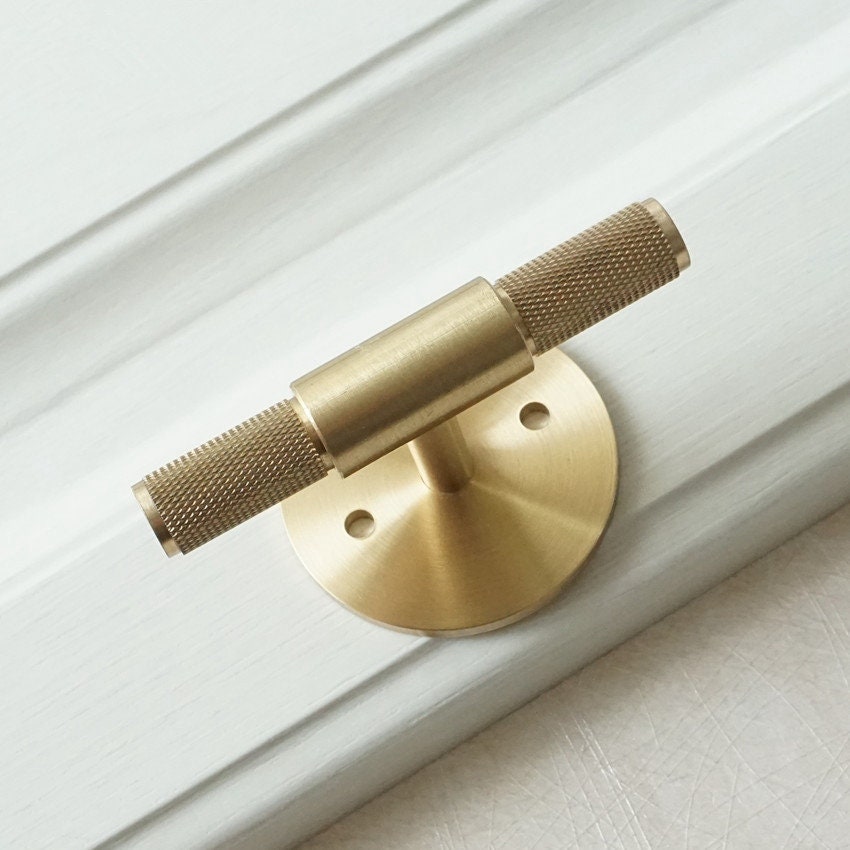 T Bar Knobs Pulls Modern Handles Brushed Gold Brass Etsy