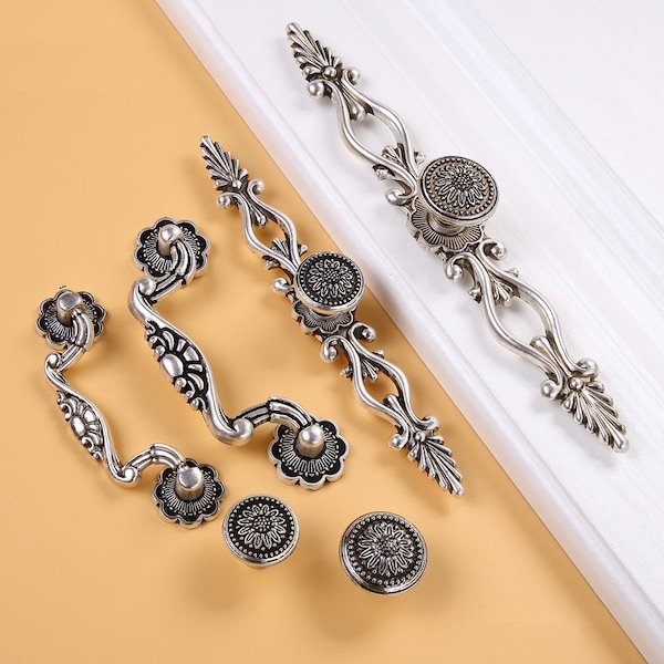 Dresser Knobs Pulls Drawer Knob Pull Handles Antique Silver Kitchen Cabinet Handles Knobs Door Handle Cupboard Vintage Furniture Hardware