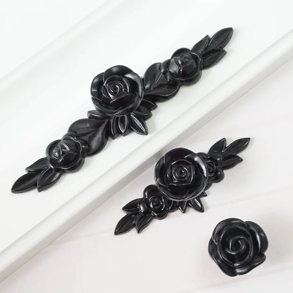 Black Rose Flower Knobs Dresser Knobs Pulls Drawer Pulls Handles Kitchen Handles Pulls Cupboard Door Handle Gift Cabinet Hardware LBFEEL