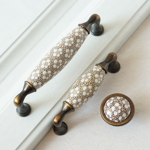 3.75" 5" Kitchen Cabinet Handle Ceramic Knobs Pulls Flower Dresser Drawer Pulls Handles Knobs Antique Brass Brown White Handle 96 128 mm