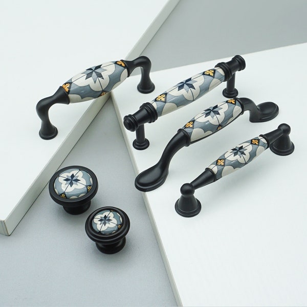 3.78"5"Ceramic Drawer Pulls and Knobs Antique Flower Cabinet Handles Mediterranean Gray Blue White Pattern Porcelain Knobs and Pulls  LBFEEL