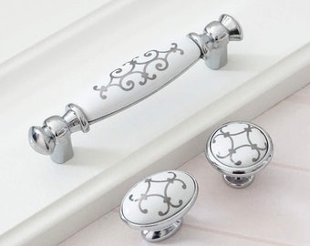 3.75"Silver White Ceramic Dresser Pulls Knobs Drawer Knobs Kitchen Cabinet Door Handles Porcelain Cupboard Pulls Cabinet Hardware LBFEEL