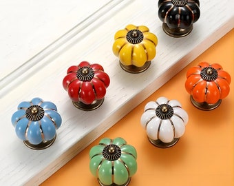 Colorful Pumpkin Ceramic Drawer Knobs Antique Bronze Dresser Knob Cute Kitchen Cabinet Knobs Red Black White Yellow Green Blue Knobs LBFEEL