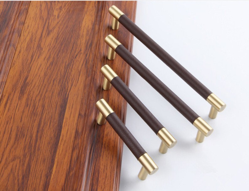 Brass Leather Drawer Pulls Handles Black Brown Kitchen Etsy