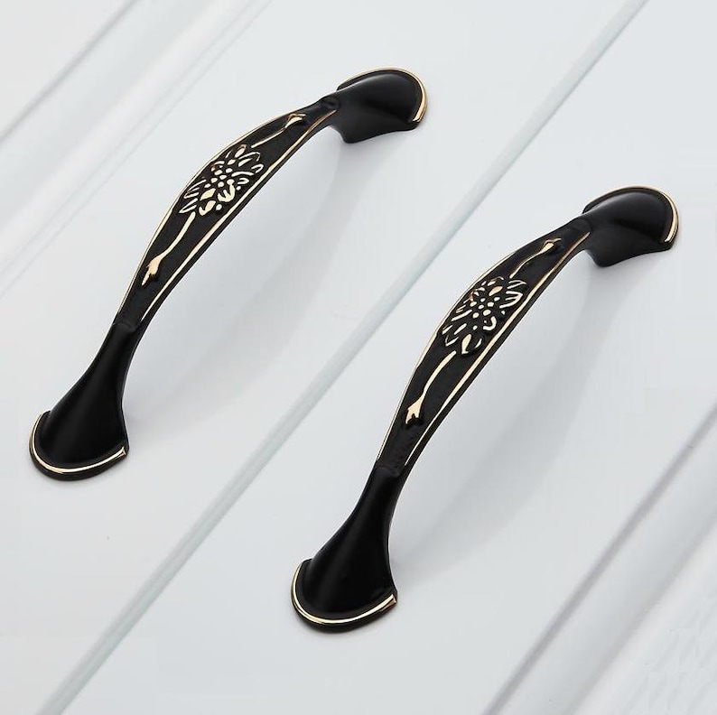 Kitchen Cabinet Handles Pulls Knobs Antique Black Gold Flower Dresser Drawer Handle Knob Vintage Furniture Door Hardware Rustic